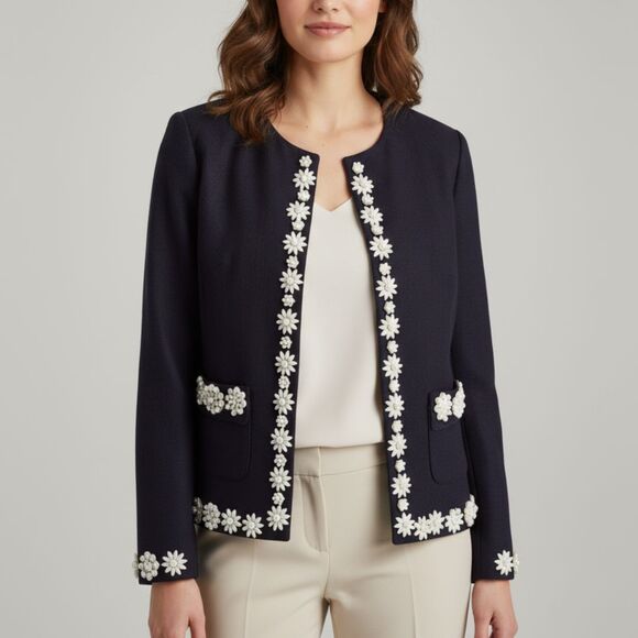 Talbots Blazer Navy Open Bead 3/4 Sleeve Old Money Cottagecore Nautical Preppy 8 - Picture 9 of 10